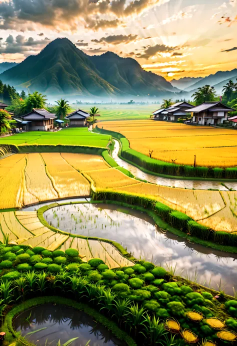 Ripe Golden paddy at house terrace overlooks a Rice Paddy field with view of the mountain, mesmerizing rice paddy landscape bath...