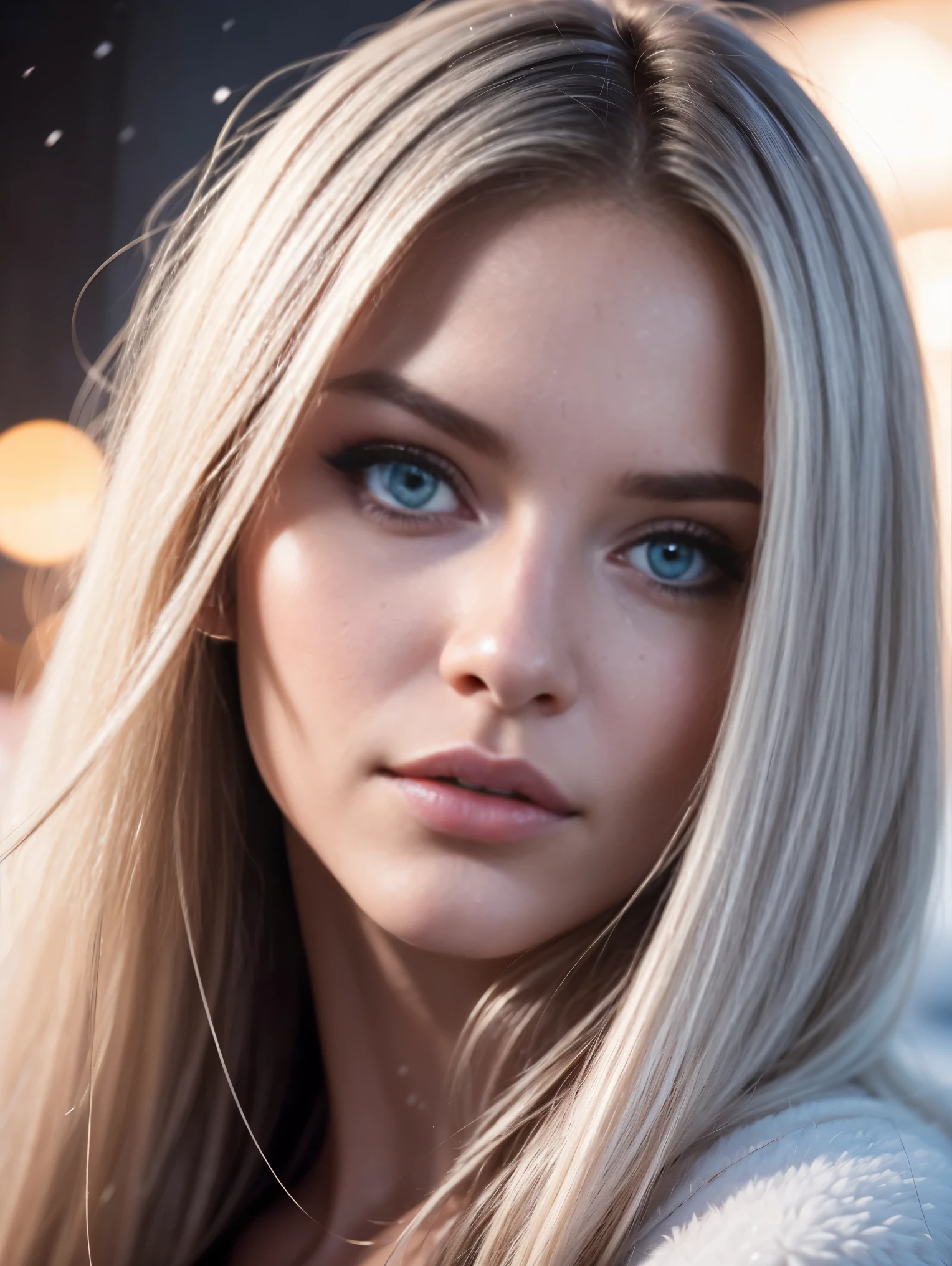 A close up of a woman with long blonde hair and blue eyes - SeaArt AI