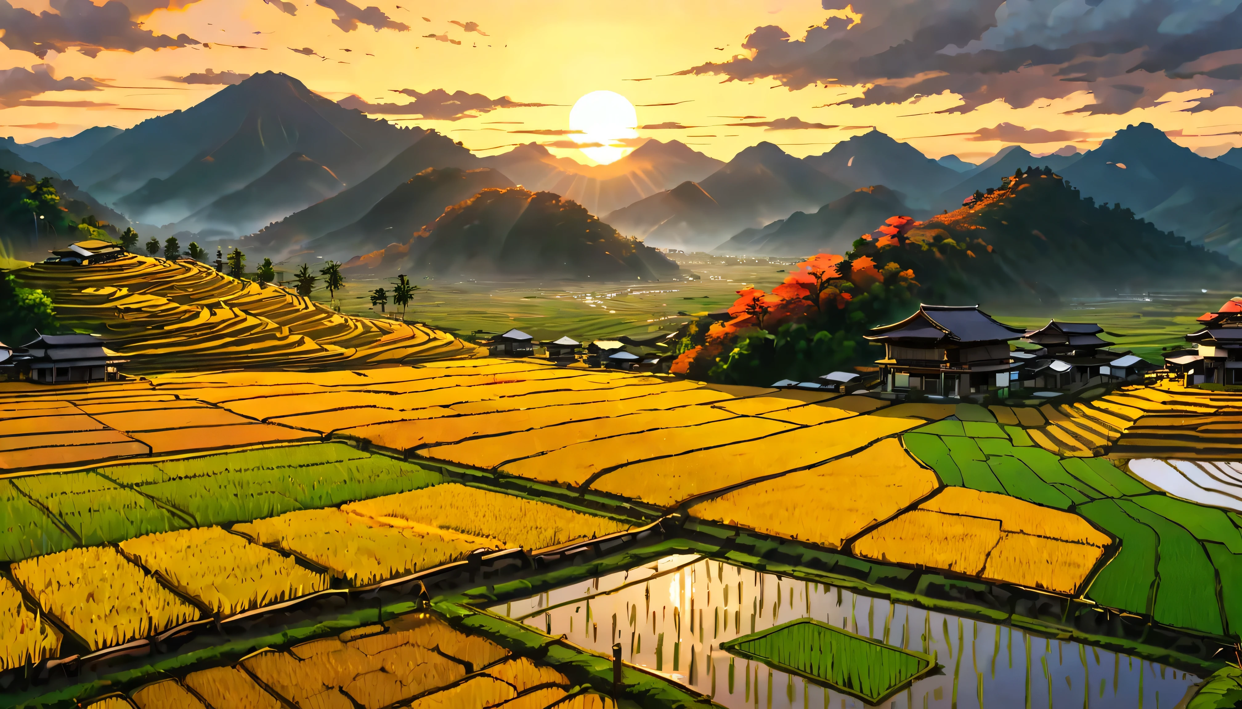 Arroz dorado maduro en la terraza de la casa con vista a un campo de arroz con vista a la montaña, Fascinante paisaje de arrozales bañado por la luz del atardecer.,((hora dorada):1.2),((majestuoso paisaje):1.2),((Cielo del atardecer en otoño):1.1),delicada luz de la hora dorada, fondos de pantalla increíbles, Hermosos alrededores, pintura mate optimista, hermosa obra de arte digital, Escenas hermosas y detalladas., UHD subterráneo, paisaje UHD, Arte conceptual majestuoso, hermoso campo de arroz. |(Obra maestra en resolución máxima de 16K), la mejor calidad, (calidad de fondo de pantalla CG unity 16k muy detallada),(Colores suaves Arte digital muy detallado de 16k),súper detallado. | imagen perfecta,16k UE5,Pintura oficial, Extrafino, profundidad de campo, no contrast, enfoque limpio y nítido, profesional, sin desenfoque. | (((Mas detalle))).
