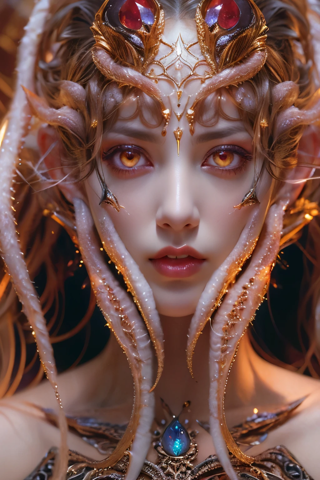 (1 female medusa-like mutant: 1.2), With a beautiful, enchanting face, this alien seduces us with her allure. Her captivating red eyes gleam brightly, reminiscent of burning embers. Her full body is unlike any human's, boasting a sexy, otherworldly form. No humans are present in this scene as she stands alone, her cells fused in a unique and intriguing extraterrestrial way.
(extraordinary beautiful nude photo:1.4), (glowing Garnet eyes:1.5), (sexy and glamorous:1.1), (coquettish expression:1.2), toned lean body, (muscular:1.2), (beautiful abs:1.5), beautiful nipples,  She has lots of iridescent translucent tentacles instead of her hair, pale skin, (white skin with prominent veins:1.3), moist skin,
Lots of iridescent translucent tentacles adorn her body, shimmering under the dramatic lighting. Her pale skin, with a hint of translucency, adds to her ethereal allure. This masterpiece, rendered in