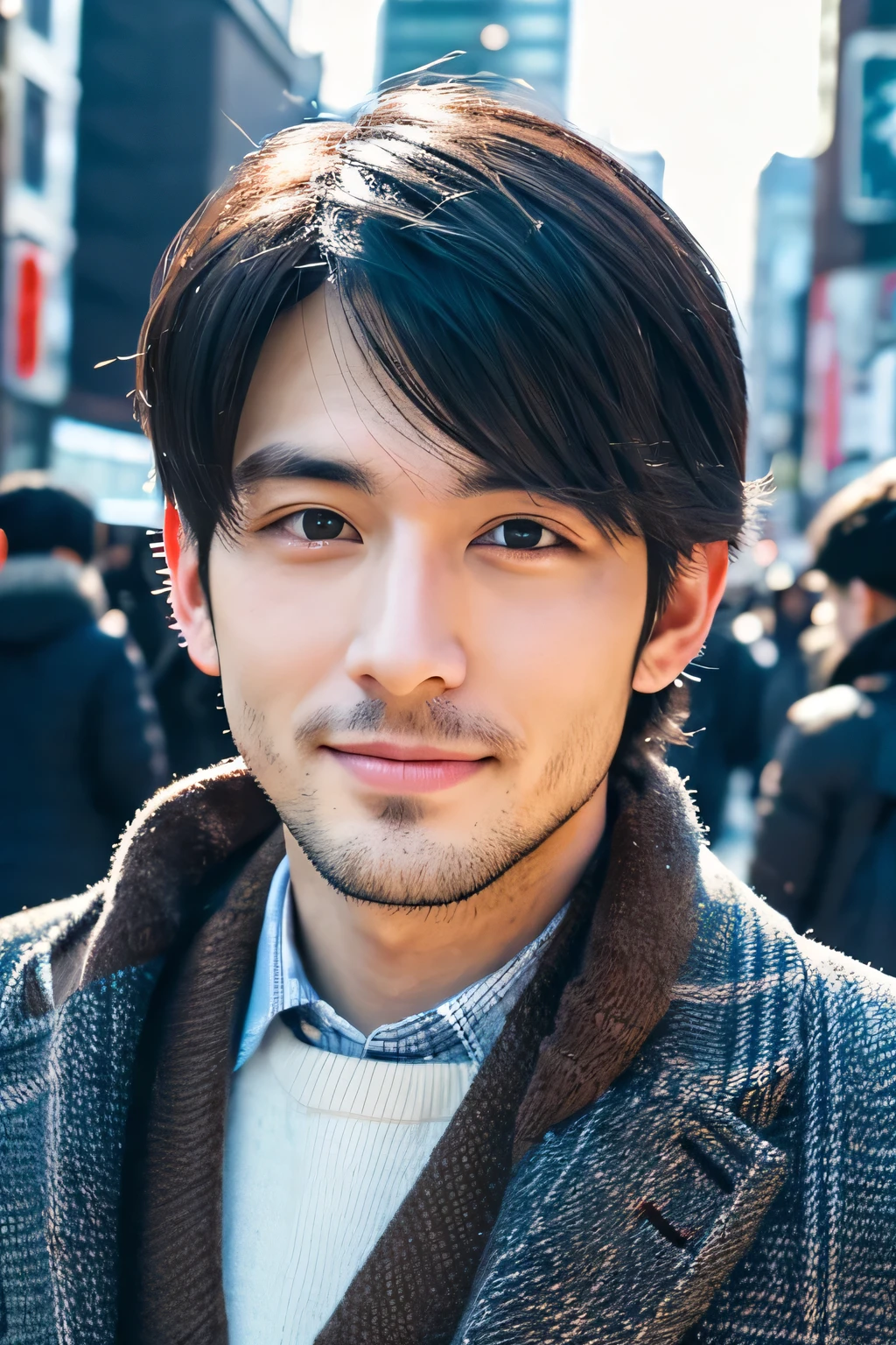 realism, Retrato de cuerpo completo en 8K, un chico guapo, un hombre de 25 años, expresión encantadora, detalles faciales detallados, Ocho ciudades en Tokio, inviernos, fondo de shibuya