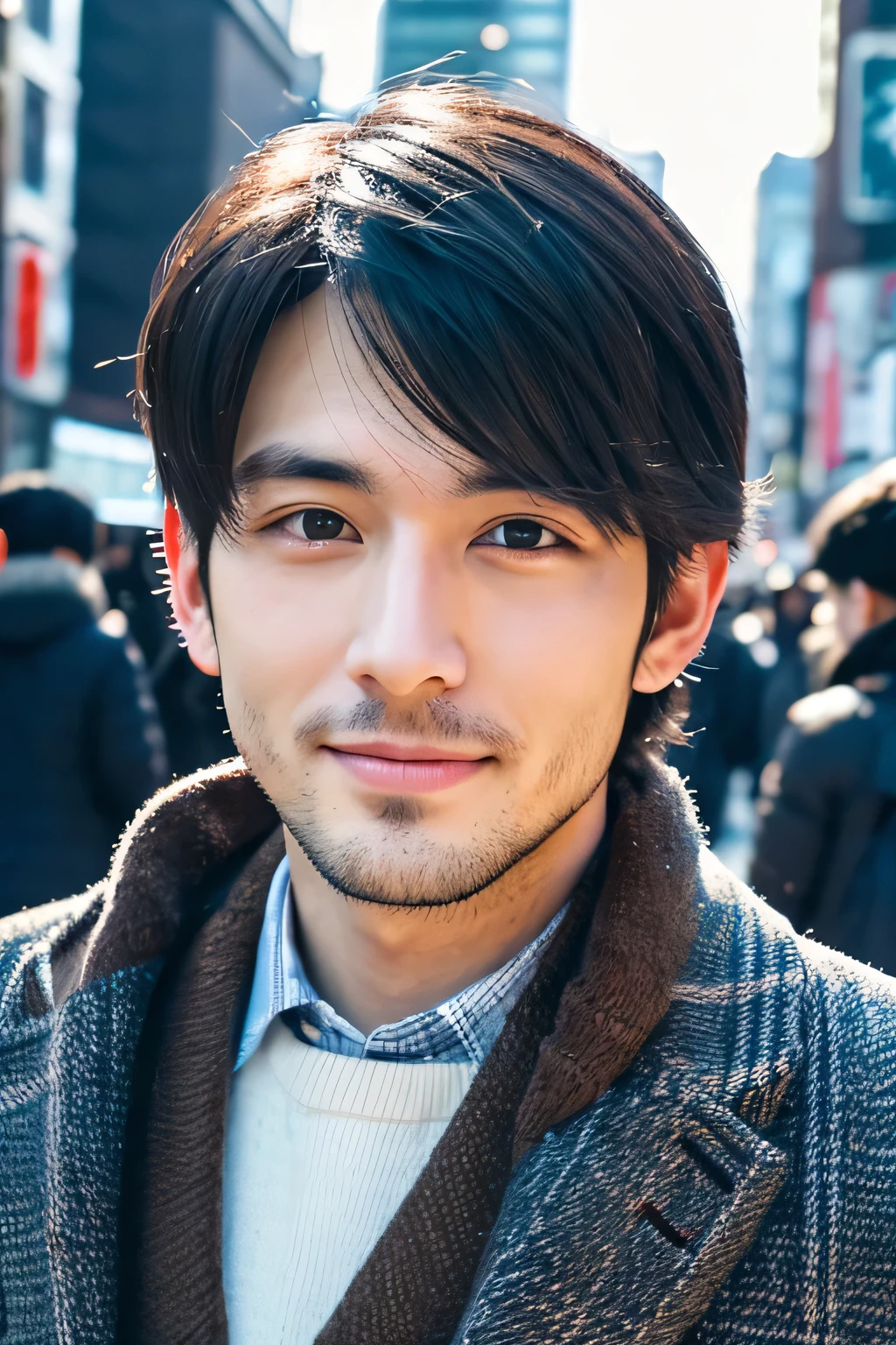 Realismo, Retrato de corpo inteiro em 8K, um cara bonito, Um homem, expressão encantadora, detalhes faciais detalhados, Oito cidades em Tóquio, Invernos, Plano de fundo de Shibuya