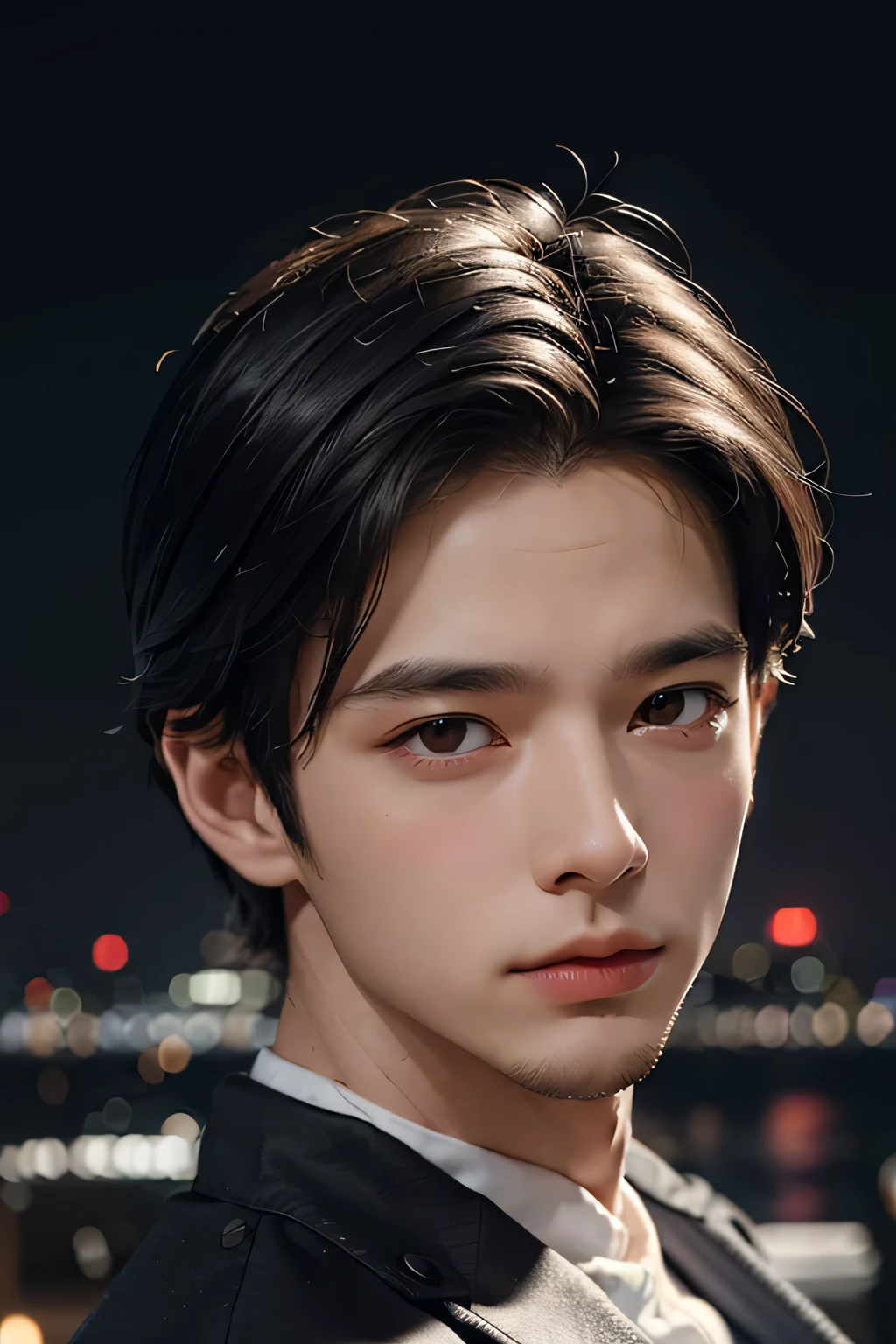 best quality, masterpiece, ultra high resolution, (lifelike:1.4), original photo, young handsome male, black hair, (night city background:1.2)