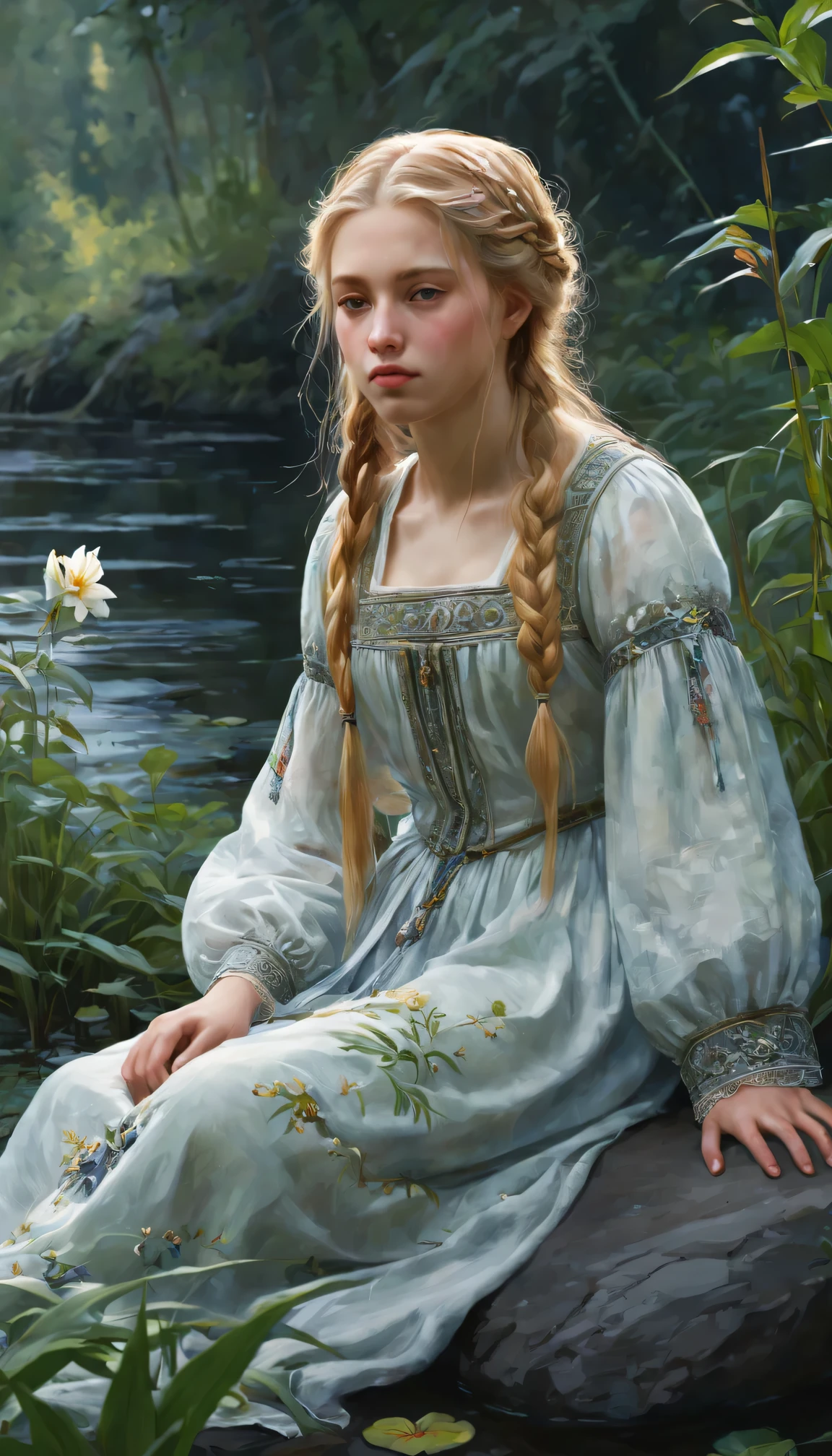 unearthly fantasy concept art of (watercolor:1.4) 13th century, beautiful ink drawing, painting by Viktor Vasnetsov 1881, Russian sad girl, 12 years, blond hair, thick long braid of hair, in a bright Russian national costume, in Khokhloma, sitting on a black stone on the bank of an overgrown stream, view of the shore from the pond, background: birch forest with bushes, lilies, already, sedge, full length, aesthetic, amazing, Beautiful, very high resolution, ModelShooting style, (чрезвычайно подробные обои CG Unity 8k), professional majestic oil painting by Ed Blinkey, Atey Gaylan, Studio Ghibli, Jeremy Mann, Greg Munchess, Antonio Moro, trending on ArtStation, trends on CGSociety, difficult, High detail, sharp focus, dramatic, Photorealistic painting by Midjorney and Greg Rutkowski . Fabulous, heavenly, unearthly, picturesque, epic, majestic, magic, fantasy art, cover, dreamy