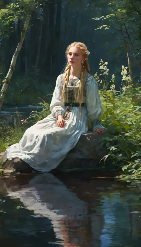 unearthly fantasy concept art of (watercolor:1.4) 13th century, beautiful ink drawing, painting by Viktor Vasnetsov 1881, Russian sad girl, 12 years, blond hair, thick long braid of hair, in a bright Russian national costume, in Khokhloma, sitting on a bla...