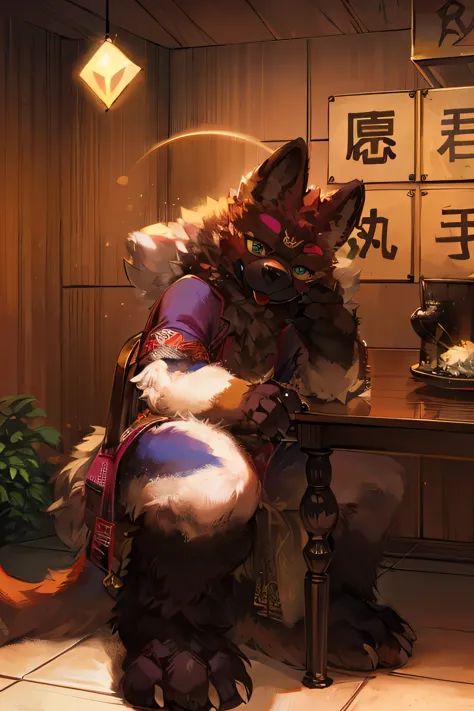A dressed up dog sits at the table, beast costume, hairy的角色, hairy的大会, beast costume!!!!, hairy的野兽, hairy的动漫, beast in fashionab...