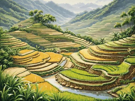 The art of cross-stitch on canvas, cross-stitch, rice fields and terraces, A high resolution, High detail, Natural colors