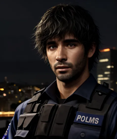 1male, masterpiece, 4k, ultra realistic, policeman, city night background, carlos oliveira, portrait, black shaggy hair 
