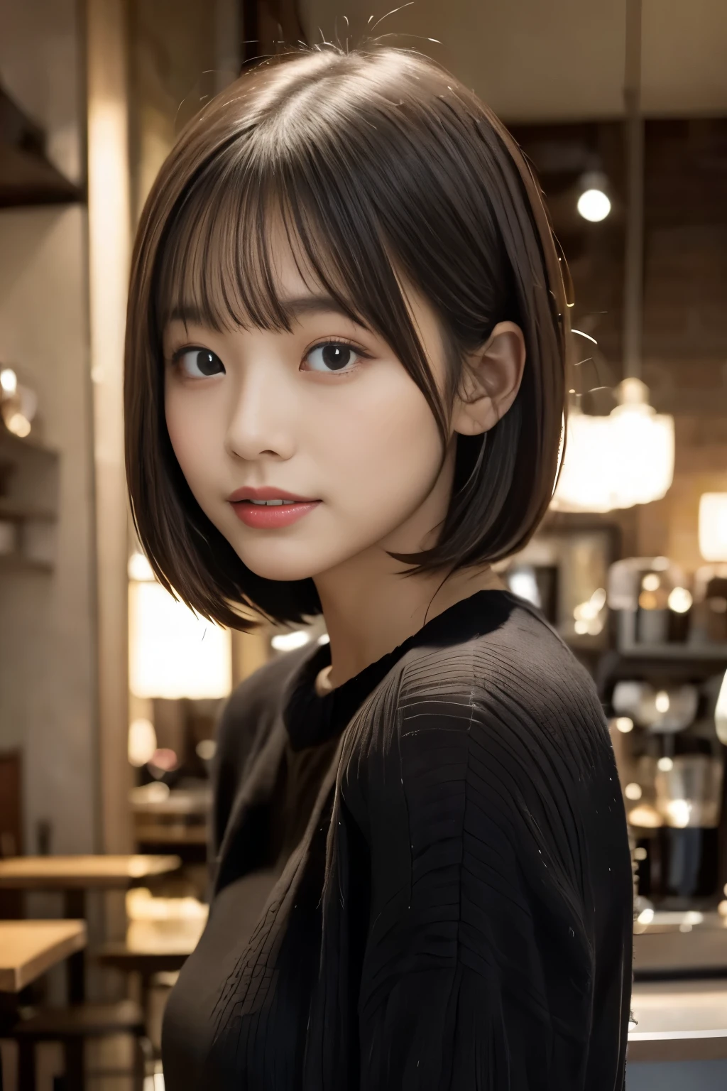 (((Cafe:1.3, indoor, Photographed from the front))), ((medium bob:1.3, black knit, japanese woman, cute)), (clean, natural makeup), (highest quality, masterpiece:1.3, 超High resolution), (Super detailed, caustics), (realistic:1.4, RAW shooting), very detailed, High resolution, 16K resolution