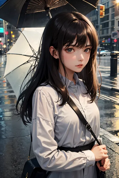 upper body close-up image。dark brown hair。twenty years old。she is standing on the street corner with an umbrella on a rainy day。...