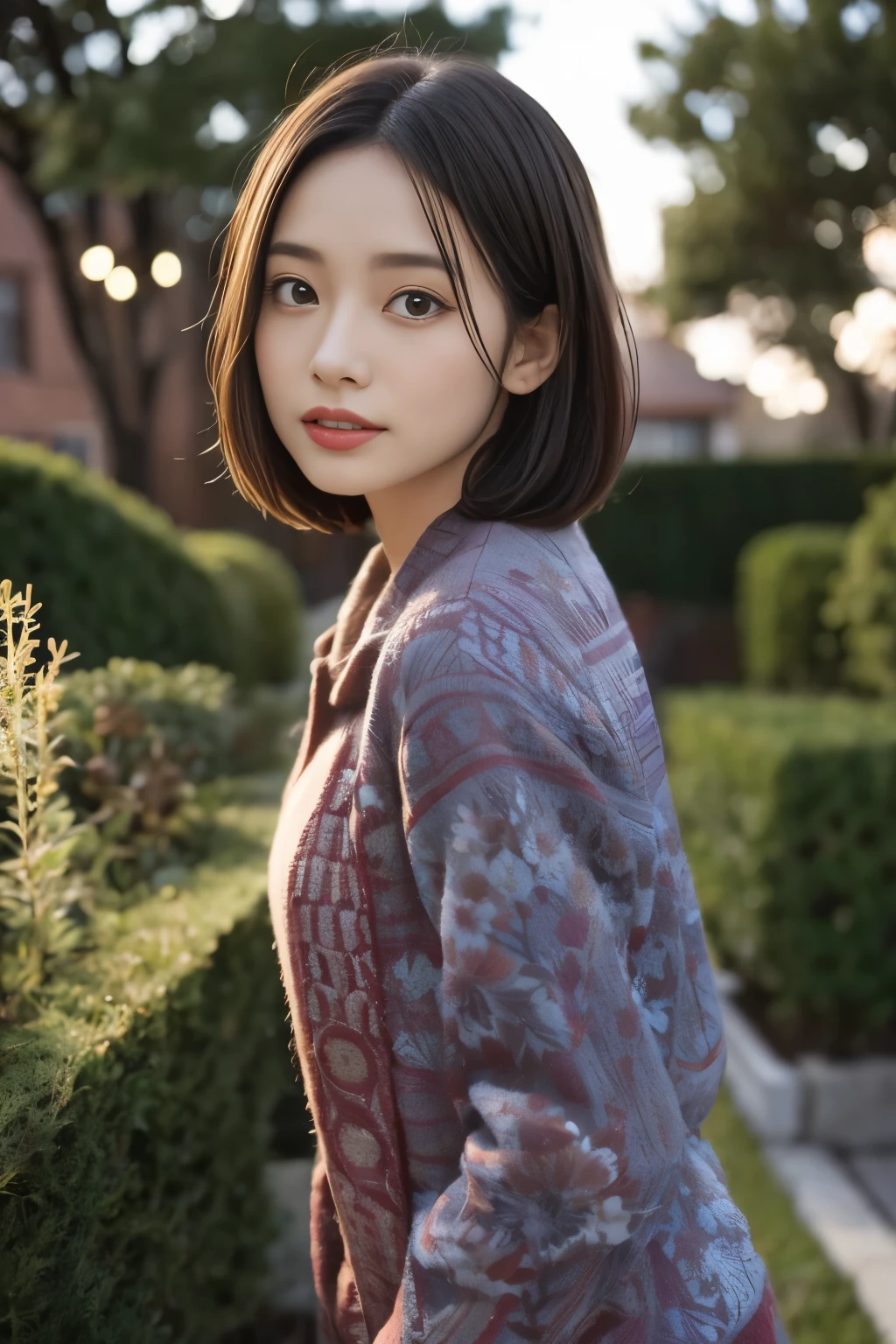 (((evening:1.3, garden, Photographed from the front))), ((medium bob:1.3, Clothes with fancy patterns:1.3, long sleeve, japanese woman, cute)), (clean, natural makeup), (highest quality, masterpiece:1.3, 超High resolution), (Super detailed, caustics), (realistic:1.4, RAW shooting), very detailed, High resolution, 16K resolution