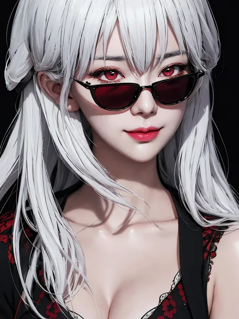 White haired woman with sunglasses and a red and black dress, dramatic smile pose intricate, detailed portrait of anime girl, artwork in the style of guweiz, stunning digital illustration, high quality portrait, detailed digital anime art, highly detailed ...