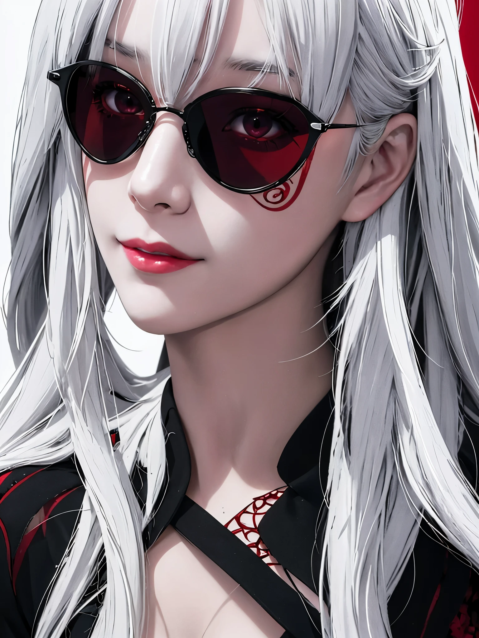 Mulher de cabelo branco com óculos de sol e um vestido vermelho e preto, pose dramática de sorriso intrincada, retrato detalhado de garota anime, obras de arte no estilo de guweiz, ilustração digital deslumbrante, retrato de alta qualidade, arte digital detalhada de anime, fanart requintada altamente detalhada, retrato detalhado do personagem, retrato da sociedade cg, Guweiz na ArtStation Pixiv, arte de personagem impressionante