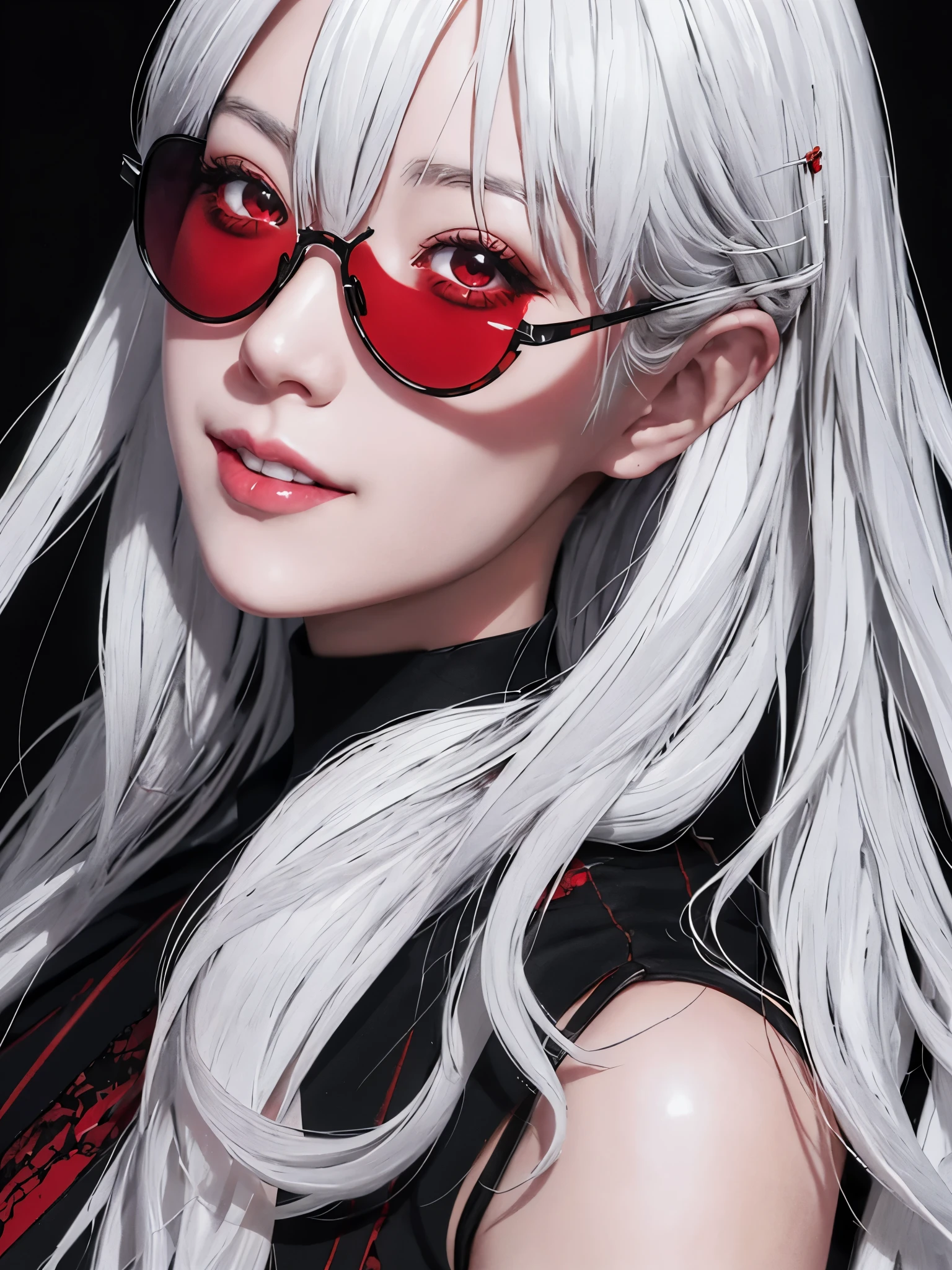 Mulher de cabelo branco com óculos de sol e um vestido vermelho e preto, pose dramática de sorriso intrincada, retrato detalhado de garota anime, obras de arte no estilo de guweiz, ilustração digital deslumbrante, retrato de alta qualidade, arte digital detalhada de anime, fanart requintada altamente detalhada, retrato detalhado do personagem, retrato da sociedade cg, Guweiz na ArtStation Pixiv, arte de personagem impressionante