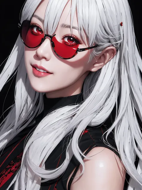 White haired woman with sunglasses and a red and black dress, dramatic smile pose intricate, detailed portrait of anime girl, ar...