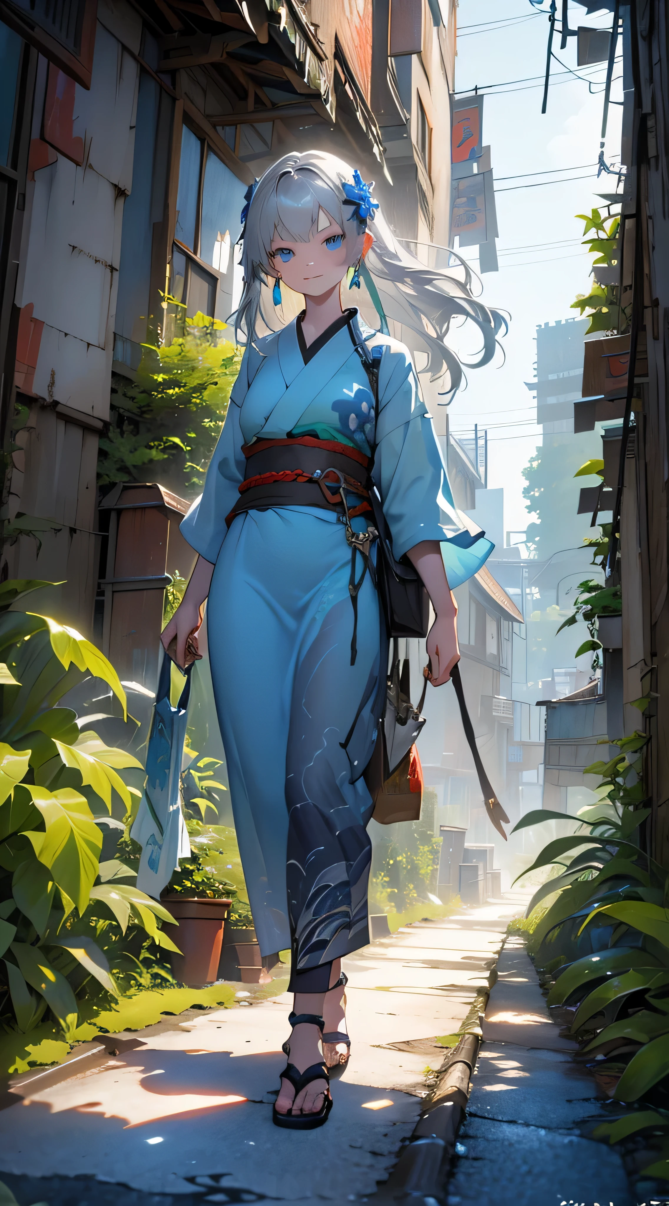 Flame, the last of us concept, Blue aura, green aura, purple aura, maximum sharpener, top quality, ultra detail, masterpiece, overgrown city, overgrown buildings, apocalypse city, beautiful scenery, 1girl, young girl, shiroko model, long hair, grey hair, floating hair, blue flower hair ornament, bright blue eyes, kimono, smile, katana, flame surrounding girl