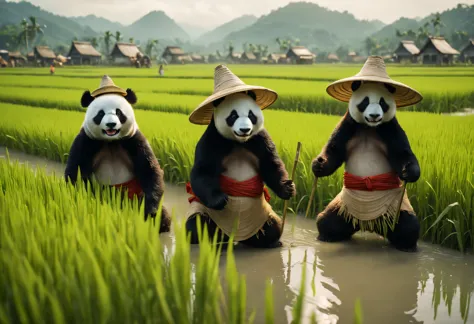 Cinematic still from a science-fiction film directed by David Yates., anthropomorphic pandas in wide hats from other worlds plant rice in rice fields, panda rice farmers, Cheerful atmosphere, cinematic treatment, ray tracing, daylight, cinematic realism, 3...