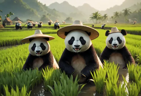 Cinematic still from a science-fiction film directed by David Yates., anthropomorphic pandas in wide hats from other worlds plant rice in rice fields, panda rice farmers, Cheerful atmosphere, cinematic treatment, ray tracing, daylight, cinematic realism, 3...