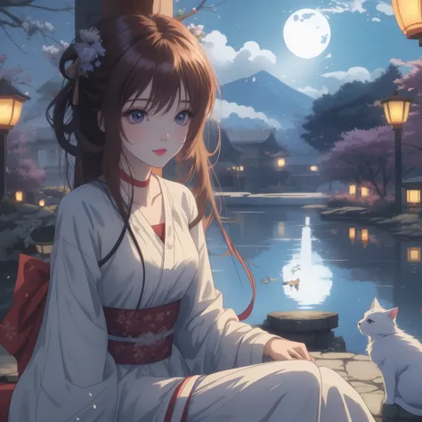 Anime girl sitting on the ground with cat and lantern, anime style 4 k, 4k anime wallpaper, anime wallpaper 4k, anime wallpaper ...