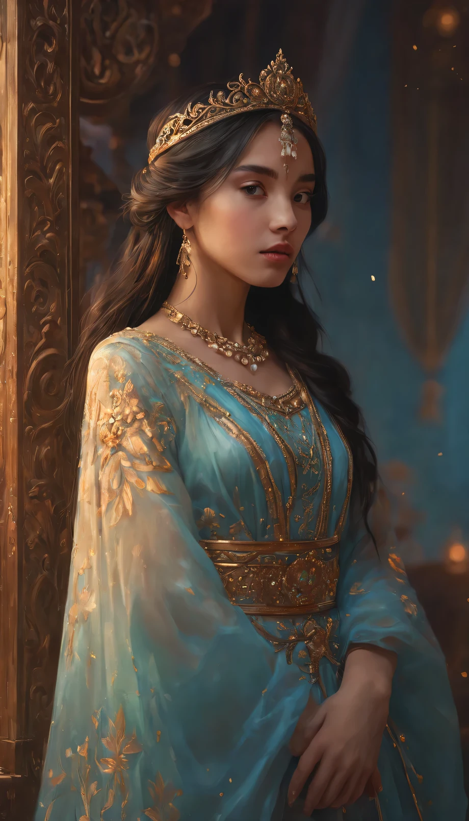 ПРОМТ на принцессу Жасмин

unearthly fantasy concept art of Slavic Girl of oriental appearance in the image of Princess Jasmine from "Aladdin", young age 12 years, wear a tiara on your head, hugs Aladdin, close-up, ModelShooting style, (чрезвычайно подробные обои CG Unity 8k), professional majestic oil painting by Ed Blinkey, Atey Gaylan, Studio Ghibli, Jeremy Mann, Greg Munchess, Antonio Moro, trending on ArtStation, trends on CGSociety, difficult, High detail, sharp focus, dramatic, Photorealistic painting by Midjorney and Greg Rutkowski . Fabulous, heavenly, unearthly, picturesque, epic, majestic, magic, fantasy art, cover, dreamy