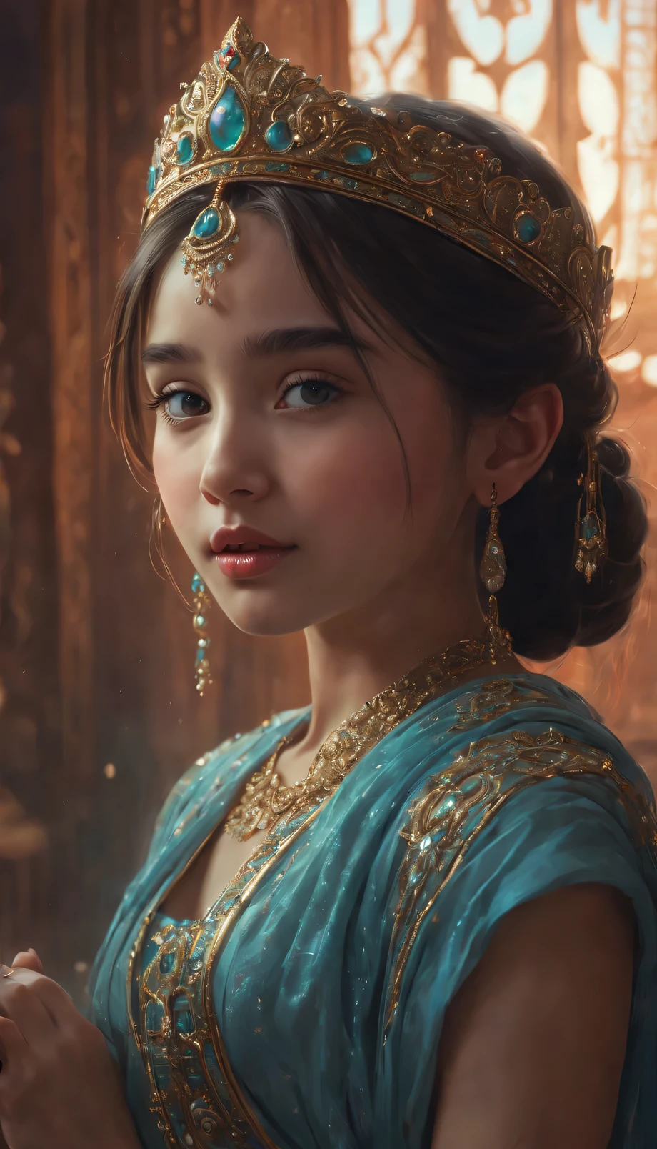 ПРОМТ на принцессу Жасмин

unearthly fantasy concept art of Slavic Girl of oriental appearance in the image of Princess Jasmine from "Aladdin", young age 12 years, wear a tiara on your head, hugs Aladdin, close-up, ModelShooting style, (чрезвычайно подробные обои CG Unity 8k), professional majestic oil painting by Ed Blinkey, Atey Gaylan, Studio Ghibli, Jeremy Mann, Greg Munchess, Antonio Moro, trending on ArtStation, trends on CGSociety, difficult, High detail, sharp focus, dramatic, Photorealistic painting by Midjorney and Greg Rutkowski . Fabulous, heavenly, unearthly, picturesque, epic, majestic, magic, fantasy art, cover, dreamy