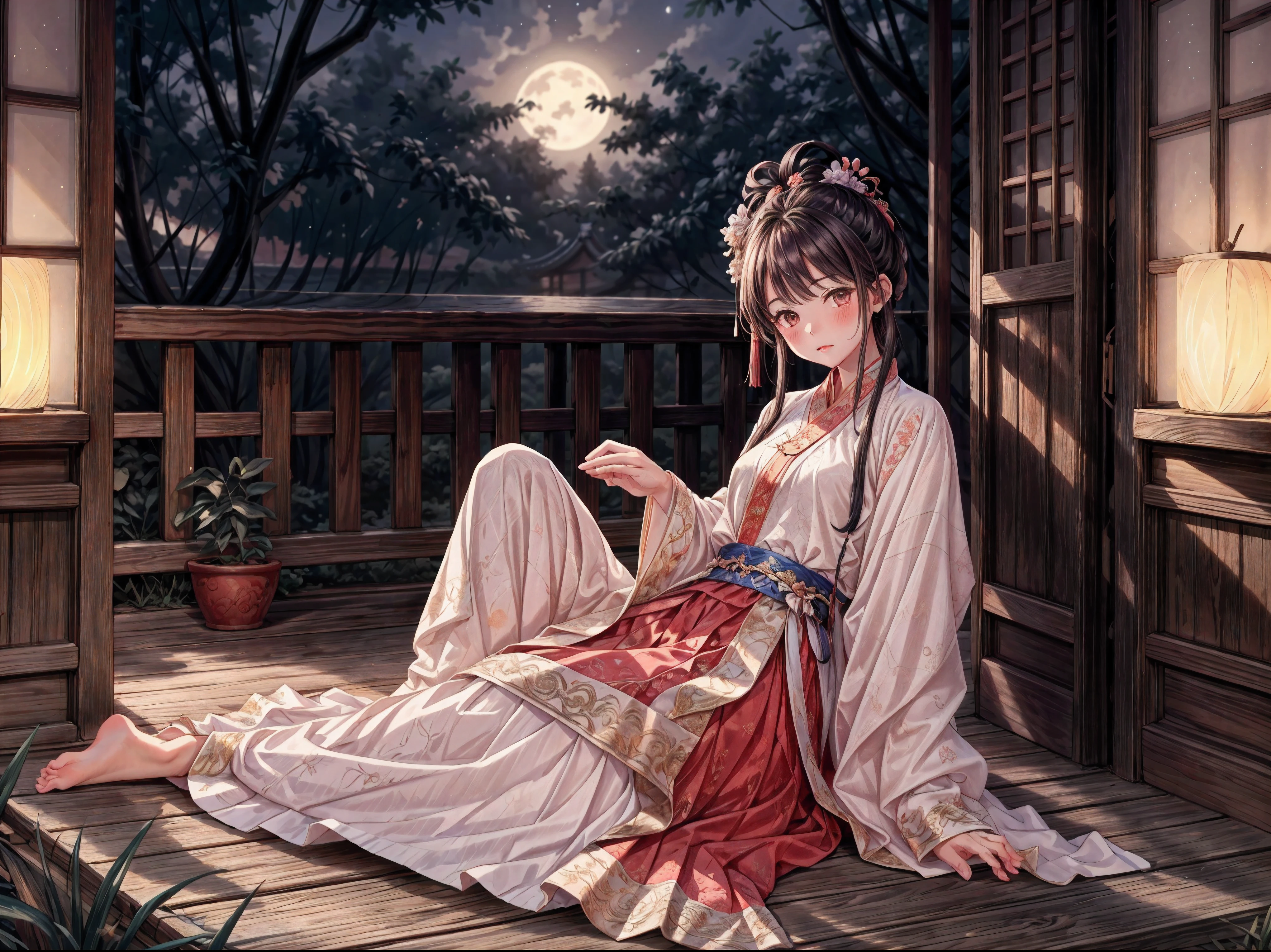 (Ridiculous,Super detailed),(1 girl:1.3),(alone, Hand Painted,simple lines,16-year-old girl wearing red Hanfu,on the bed,barefoot,indoor,moonlight,at night,nose blushing,leave,high resolution,masterpiece),There is a 16-year-old girl in the bedroom under the moonlight，wear (Vibrant red Chinese Hanfu), 躺on the bed. The soft moonlight outside the window illuminates the room，dim light, Create a peaceful atmosphere. Girl&#39;s face is decorated with blush on the nose, Add a touch of innocence and charm. Her attire is beautifully Hand Painted, Showed (intricate details) of traditional clothing. Simple yet elegant lines, Capturing the essence of Hanfu style. Girl is (barefoot), Exudes a feeling of comfort and relaxation. This artwork was created at a ridiculously high resolution，and pay attention to details, Make every stroke and fine line clearly visible. The composition is a masterpiece, Reflects the skill and artistry of the creator. The perspective is from the girl&#39;s point of view, Let the audience immerse themselves in her world. This prompt is intended to generate a (Super detailed, high resolution images) Capture the beauty and serenity of a moonlit night in a traditional Chinese style setting.