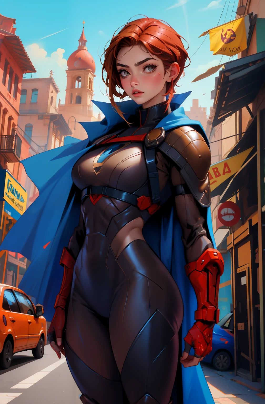 ((comic style)), Amazing artwork, brown undercut hair woman, Dark skin, blush on her beautiful face, He wears a blue superhero suit with a cape ((undercut hairstyle)), thick lips, ((tight red, correa)), perfect legs , 8k, ((City background)), Masterpiece, Best Quality