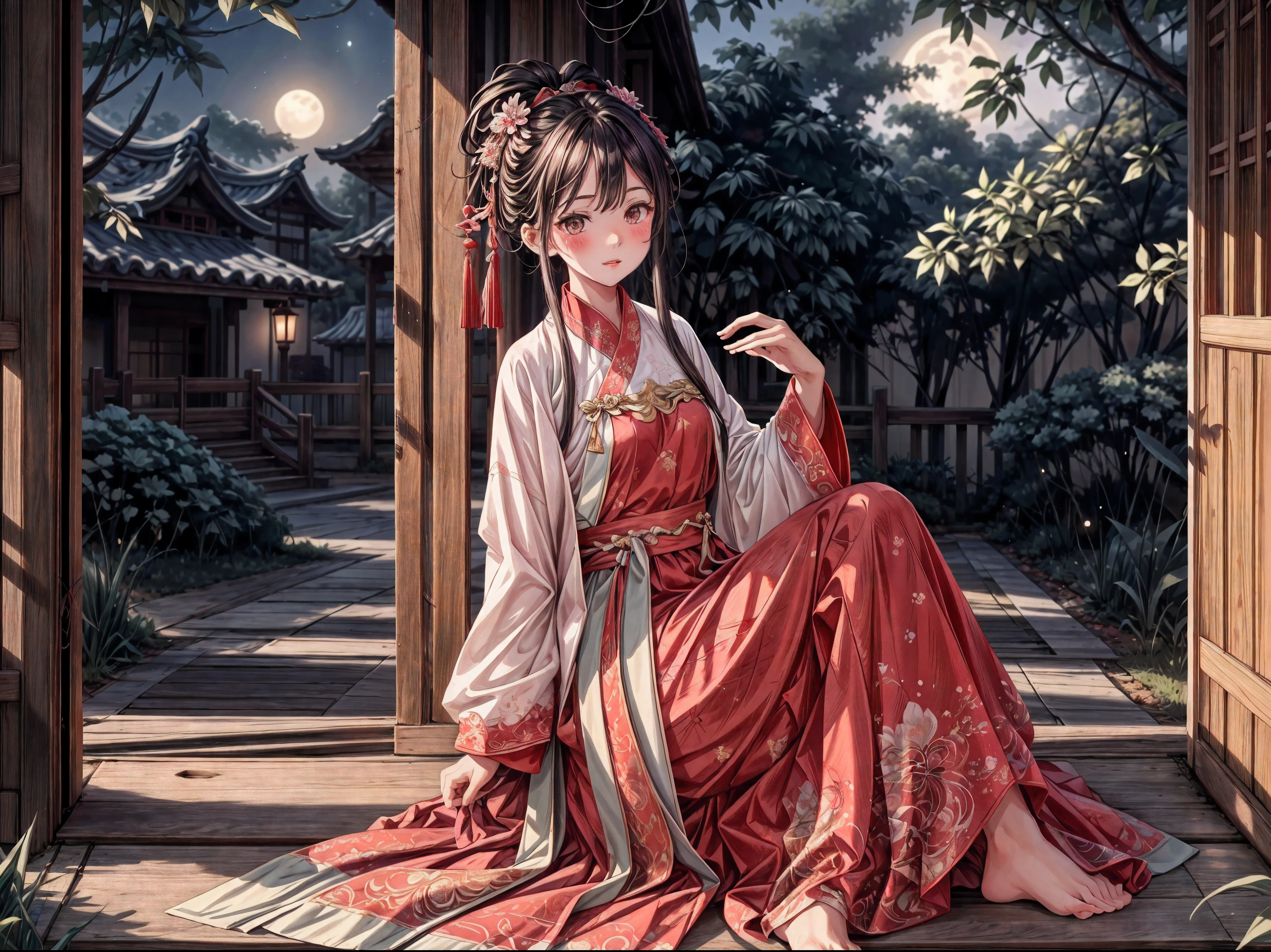 (Ridiculous,Super detailed),(1 girl:1.3),(alone, Hand Painted,simple lines,16-year-old girl wearing red Hanfu,on the bed,barefoot,indoor,moonlight,at night,nose blushing,leave,high resolution,masterpiece),moonlight下的卧室里有一个 16 岁的女孩，wear (Vibrant red Chinese Hanfu), 躺on the bed. 窗外柔和的moonlight映照着房间，dim light, Create a peaceful atmosphere. Girl&#39;s face is decorated with blush on the nose, Add a touch of innocence and charm. Her attire is beautifully Hand Painted, Showed (intricate details) of traditional clothing. Simple yet elegant lines, Capturing the essence of Hanfu style. Girl is (barefoot), Exudes a feeling of comfort and relaxation. This artwork was created at a ridiculously high resolution，and pay attention to details, Make every stroke and fine line clearly visible. The composition is a masterpiece, Reflects the skill and artistry of the creator. The perspective is from the girl&#39;s point of view, Let the audience immerse themselves in her world. This prompt is intended to generate a (Super detailed, high resolution图像) Capture the beauty and serenity of a moonlit night in a traditional Chinese style setting.