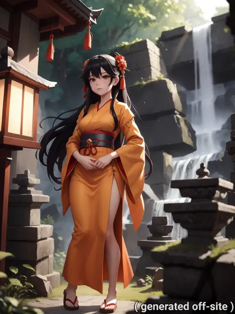 best quality, highly detailed, detailed background, female, very long hair, black hair, hair pin, orange oriental dress, shrine ...