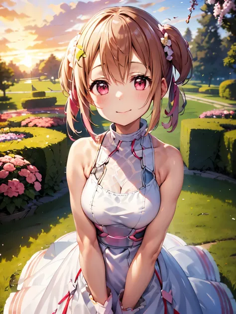 High resolution, silica, solo、1 girl、Upper body、standing, closed mouth、arms behind、arms on both sides, outdoors、Absolute reference to center、Standing in a flower garden、White、White、pink、pink色,Colorful Long Dress Costume、Sunset landscape、笑顔 silica-sword art...