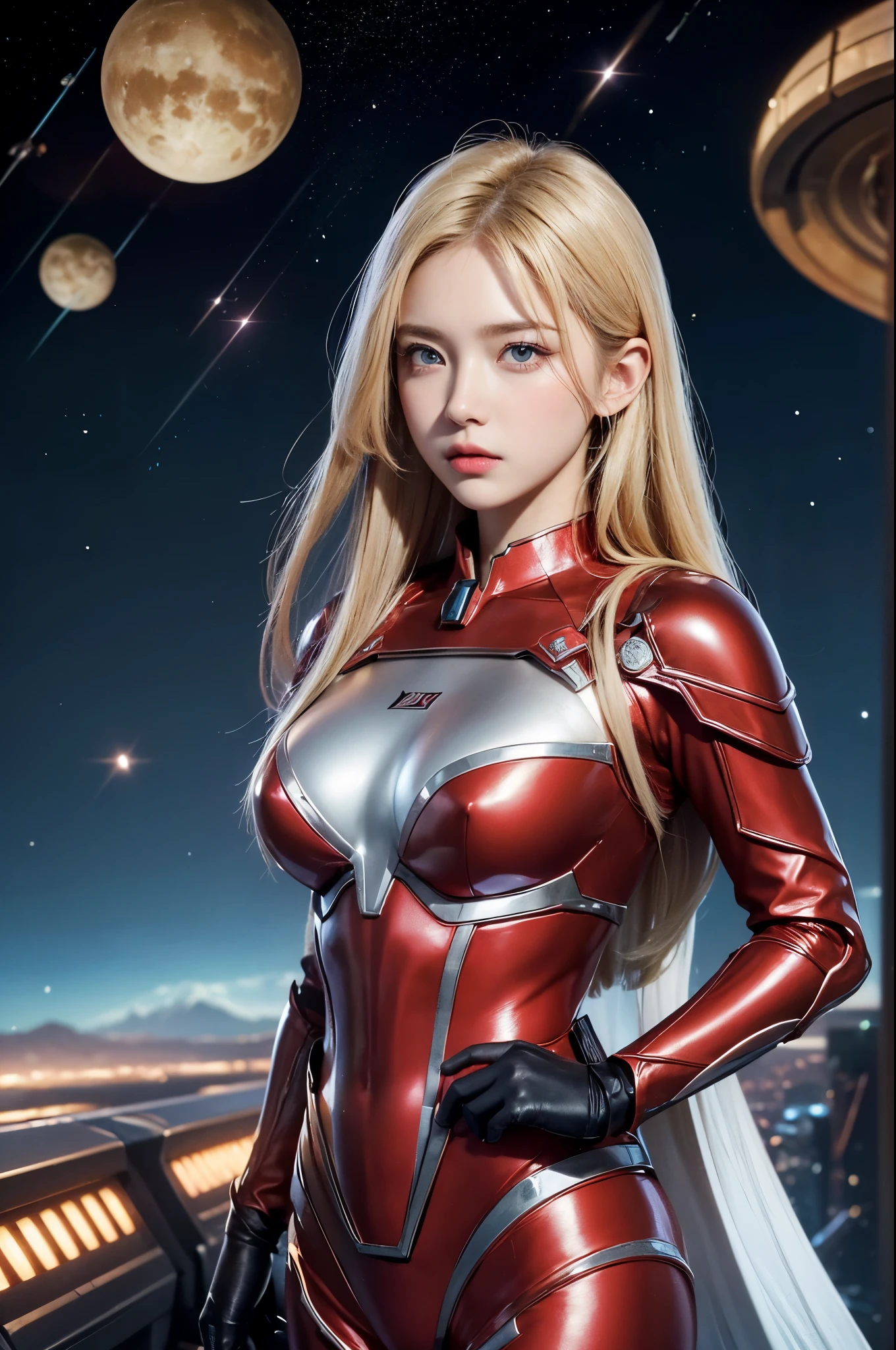 Belle femme aux yeux bleus blonds。Détails du visage。belle double。Muscle nasal passé。des lèvres charnues。Elle est bien ajustée et est vêtue d&#39;un costume écarlate métallisé..。Il a une ceinture de transformation autour de la taille comme un Kamen Rider.。Cuirassé spatial géant avançant dans l&#39;espace sur fond féminin。８Qualité d&#39;image K。chef-d&#39;œuvre.