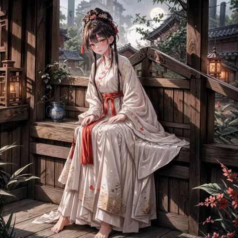 (ridiculous,super detailed),(1 girl:1.3),(alone, hand painted,simple lines,16-year-old girl wearing red hanfu,on the bed,barefoo...