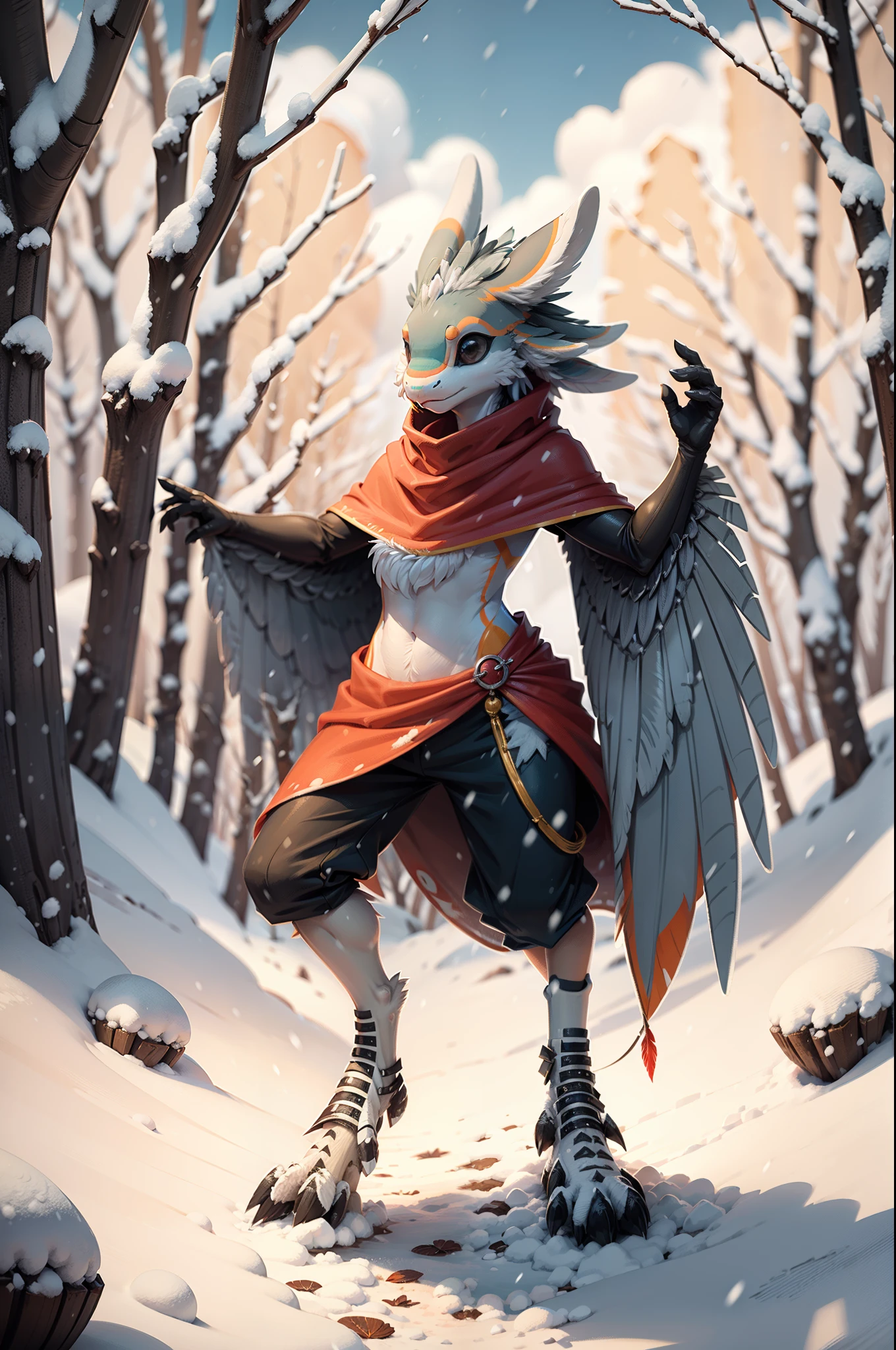 Avali head and face, avali, avian, Clear details, short and small, black poncho, White feather base, red feathers, black feathers, fluffy, feathery, male avali, male, red and black wings, arm wings, tail, feathered tail, avali tail, great quality, snowy forest background, avali standing in the snow.