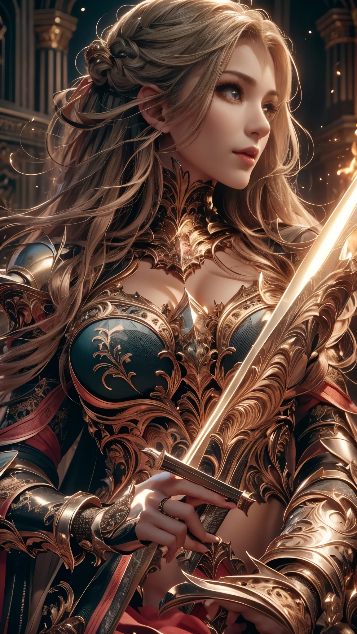 (RAW shooting:1.5, Photoreal:1.5, 8k, highest quality, masterpiece, ultra high resolution), medieval europe, world of magic and swords, perfect dynamic composition:1.2, Mysterious:1.3, Highly detailed skin and facial textures:1.3, cute and sexy slim female warrior, beautiful and aesthetic:1.1, cute and sexy beauty, perfect style, wear elaborate rings, fire, water, Wind, thunder, ice, Fair skin, very beautiful face, (Medium chest, Chest gap), (embarrassing smile, The expression on your face when you feel intense caress, Facial expression when feeling pleasure), (sexy gold metallic armor:1.1, off shoulder, Navel exposure), (beautiful blue eyes, Eyes that feel beautiful eros:0.8), (Too erotic:0.9, Bewitching:0.9), full body shot, Ancient castle in the background