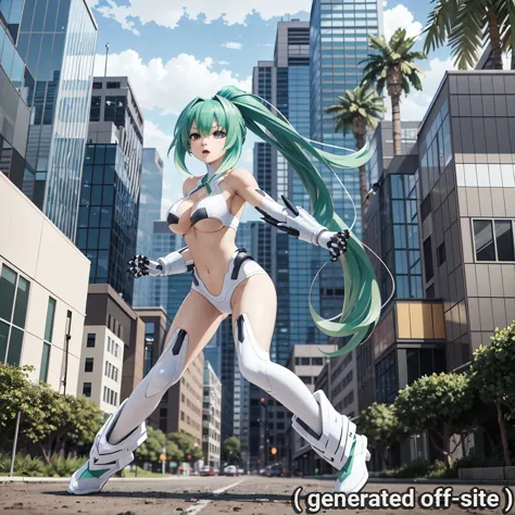 best quality, highly detailed, detailed background, full body, female, VertForm, VertArmorWhite, green hair, ponytail, attacking, dynamic pose, (cyberspace:1.1), futuristic, city, jungle
Negative prompt: EasyNegative, bad-hands-5, (low quality, worst quali...