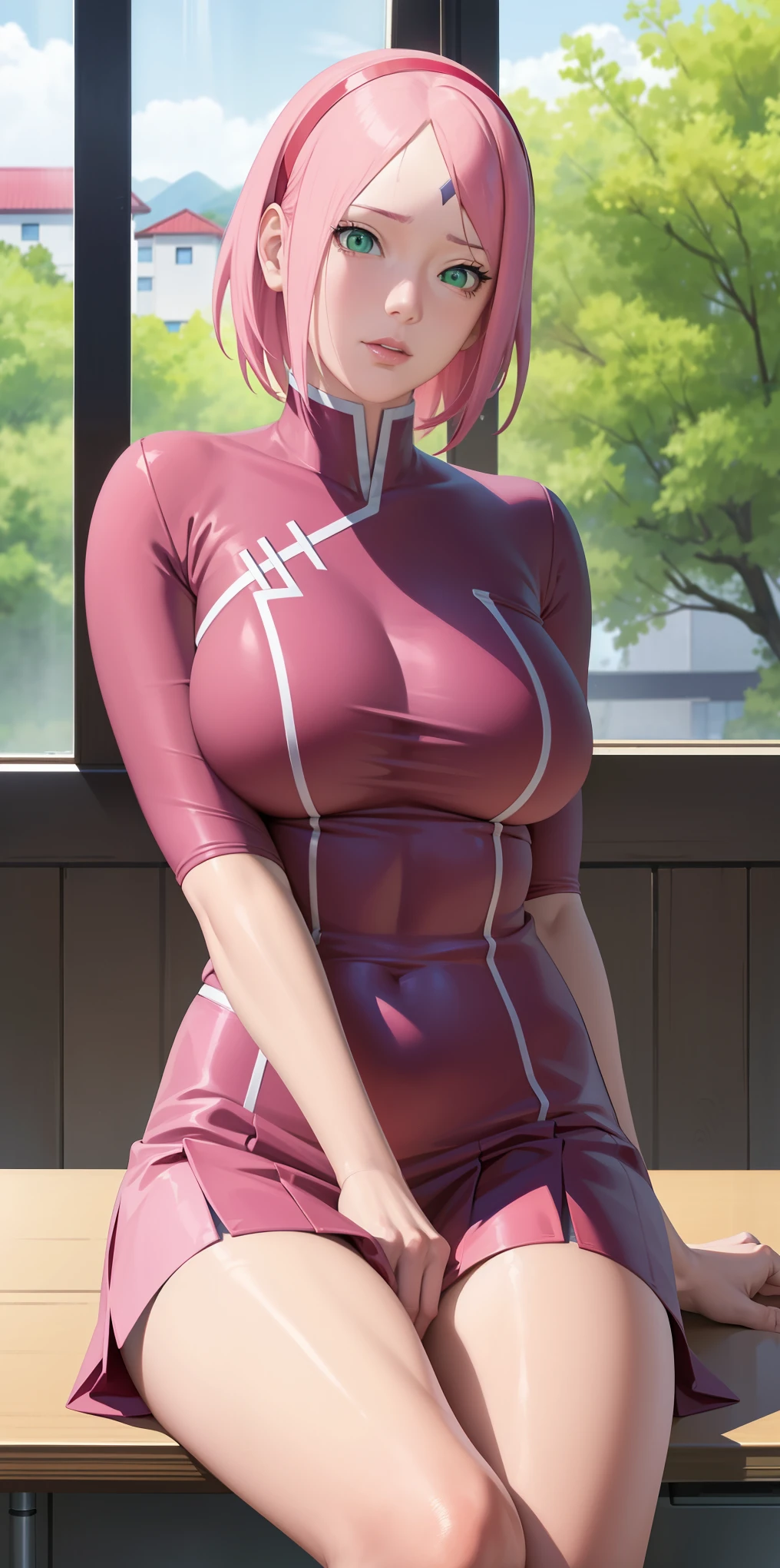 Masterpiece, stunning realistic, best quality,sakura haruno,sitting on a table in a school,hands on table,,closeup,only upperbody,front view ,pink hair,green eyes,forehead mark,big breasts,breasts fall out,green eyes,red hairband,forehead mark