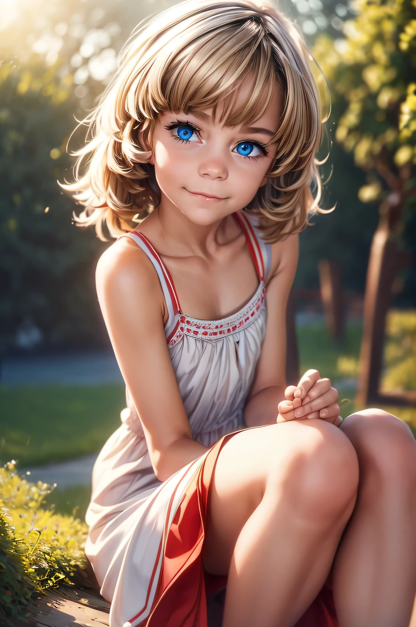 1 woman，5 years，，small ，One, (Background with：City Park，Bright Park, ）, Dynamic angle, ultra detailed, Illustration, close-up, straight, Only 1 girl, She has blonde hair，（（the masterpiece），（Очень подробные обои CG Unity 8K），Best quality，cinematic lighting，detailed background，beautiful detailed eyes，bright students，Blue eyes，（very good and beautiful），（Beautiful and detailed description of the eyes），ultra - detailed，the masterpiece，）），A high resolution，ultra - detailed），Flushed complexion，smile，Desire for dissatisfaction，elementary school student，（Tedious：Short sundress）, (red and white dress, beauty, cheerful, beautiful, slender body, ) , [[Delicate fingers and hands:0.55]::0.85],(detail fingers)))