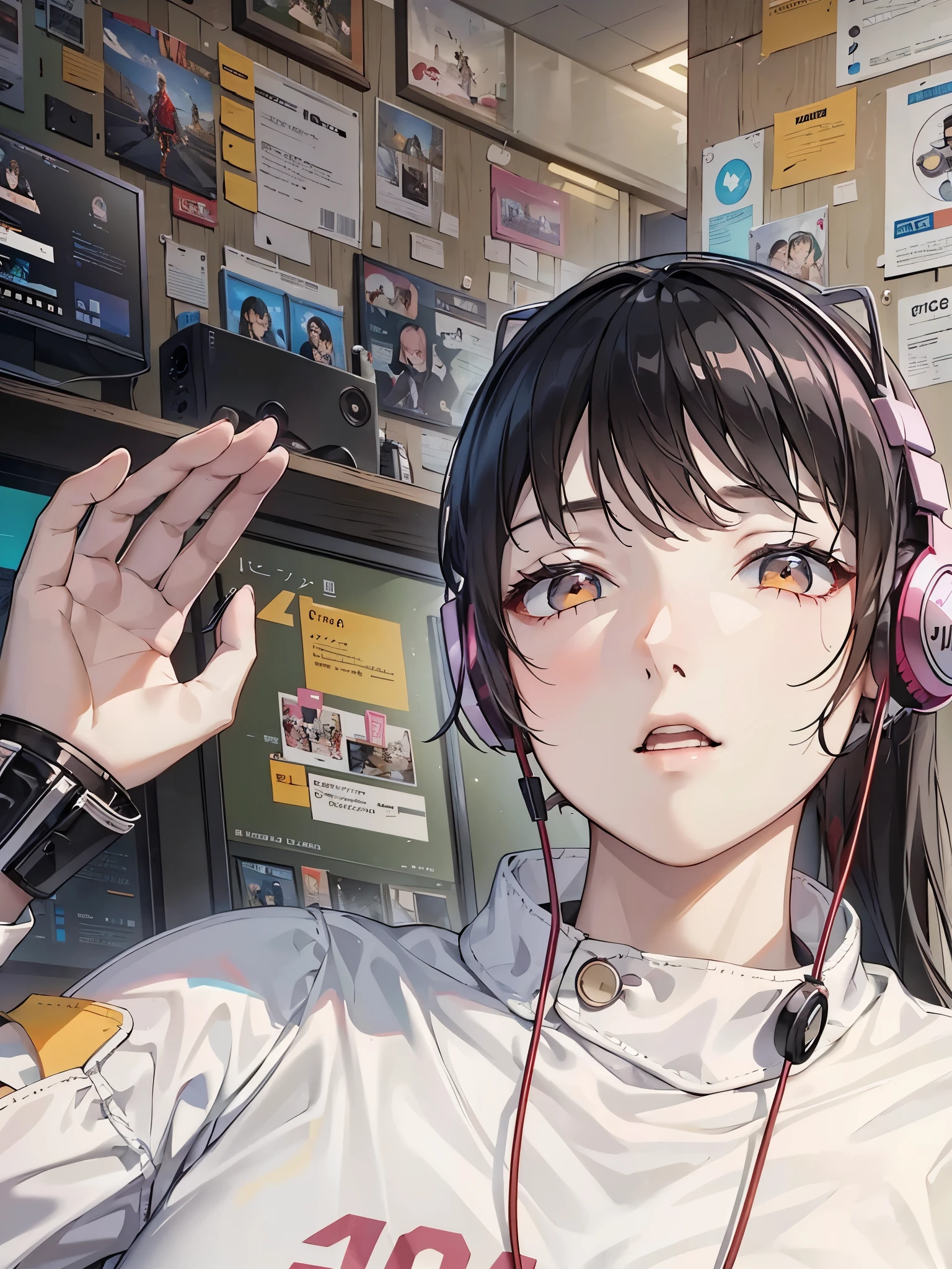 With headphones, game player, Profile picture 1024px, Chinese girl wearing headphones, Wearing a gaming headset,Say hello to the camera,long black hair