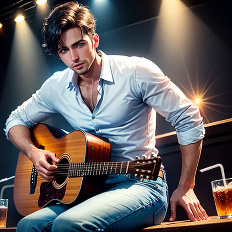 young man of thirty, with blue eyes, in a white shirt and blue jeans, in romantic style, sings, sitting on the stage of a night ...