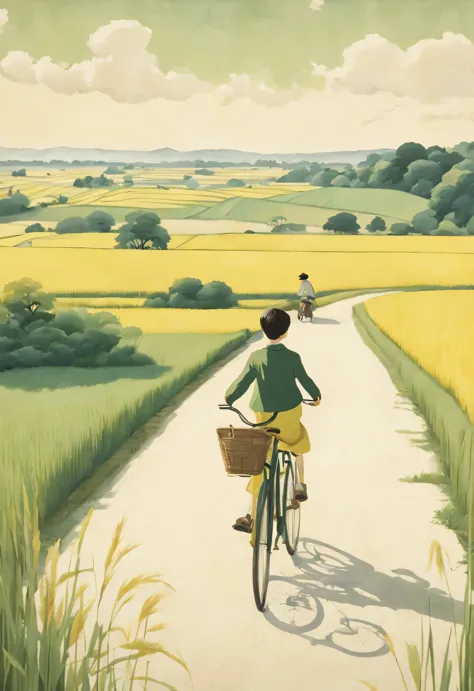 a beautiful illustration, Endless rice fields, half yellow half green, A boy riding a bike, girl sitting in back seat，Will Barne...