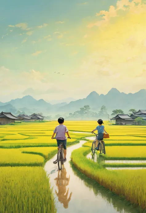 Endless rice fields, A Chinese boy and a girl ride bicycles, Pastoral scenery, rural area, panoramic,analog film,The art of math...