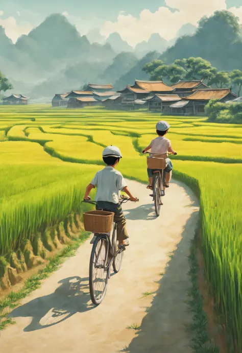 Endless rice fields, A Chinese boy and a girl ride bicycles, Pastoral scenery, rural area, panoramic,analog film,The art of math...