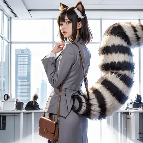 girl with a Tanuki tail in a business office, (software) safe for work, Tanuki tail,  real, software version, beautiful raccoon ...