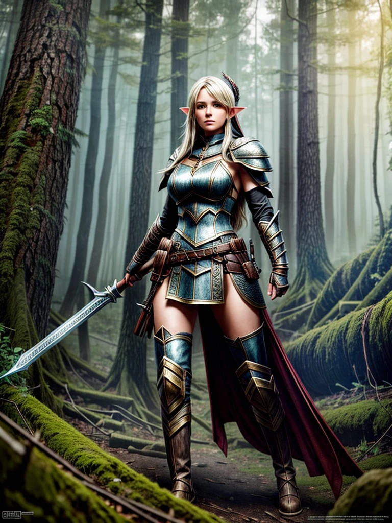 rpg, elfgirl, strong, leather armor, forest background, D&D, fantasy, highly detailed, digital painting, HD, artstation, concept art, smooth, sharp focus, illustration,