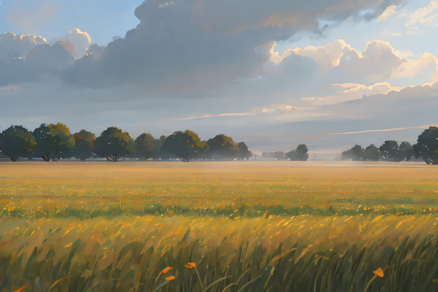 cloudy sky, field, dull colors, fog, manhwa style