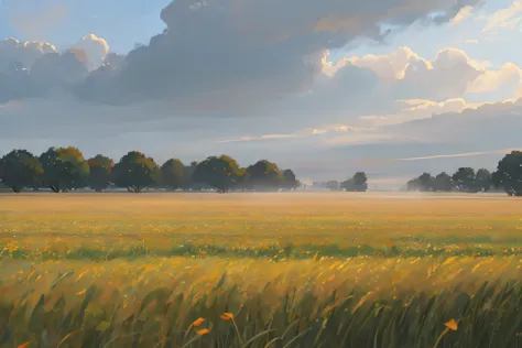 cloudy sky, field, dull colors, fog, manhwa style