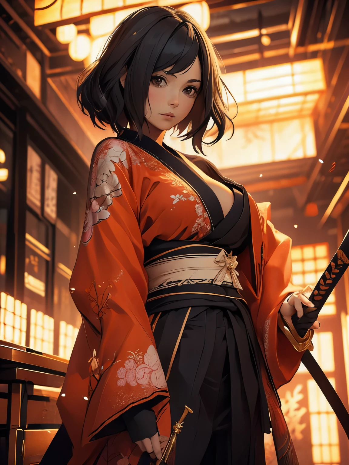 ((masterpiece)),  (high quality), 1woman, a drawing of a woman in a revealing kimono outfit holding a sword, she has long black hair, she is holding a katana sword, female samurai, inspired by Tōshūsai Sharaku, katana zero video game character, inspired by Nishikawa Sukenobu, inspired by Maki Haku, fox nobushi holding a naginata, black - haired mage