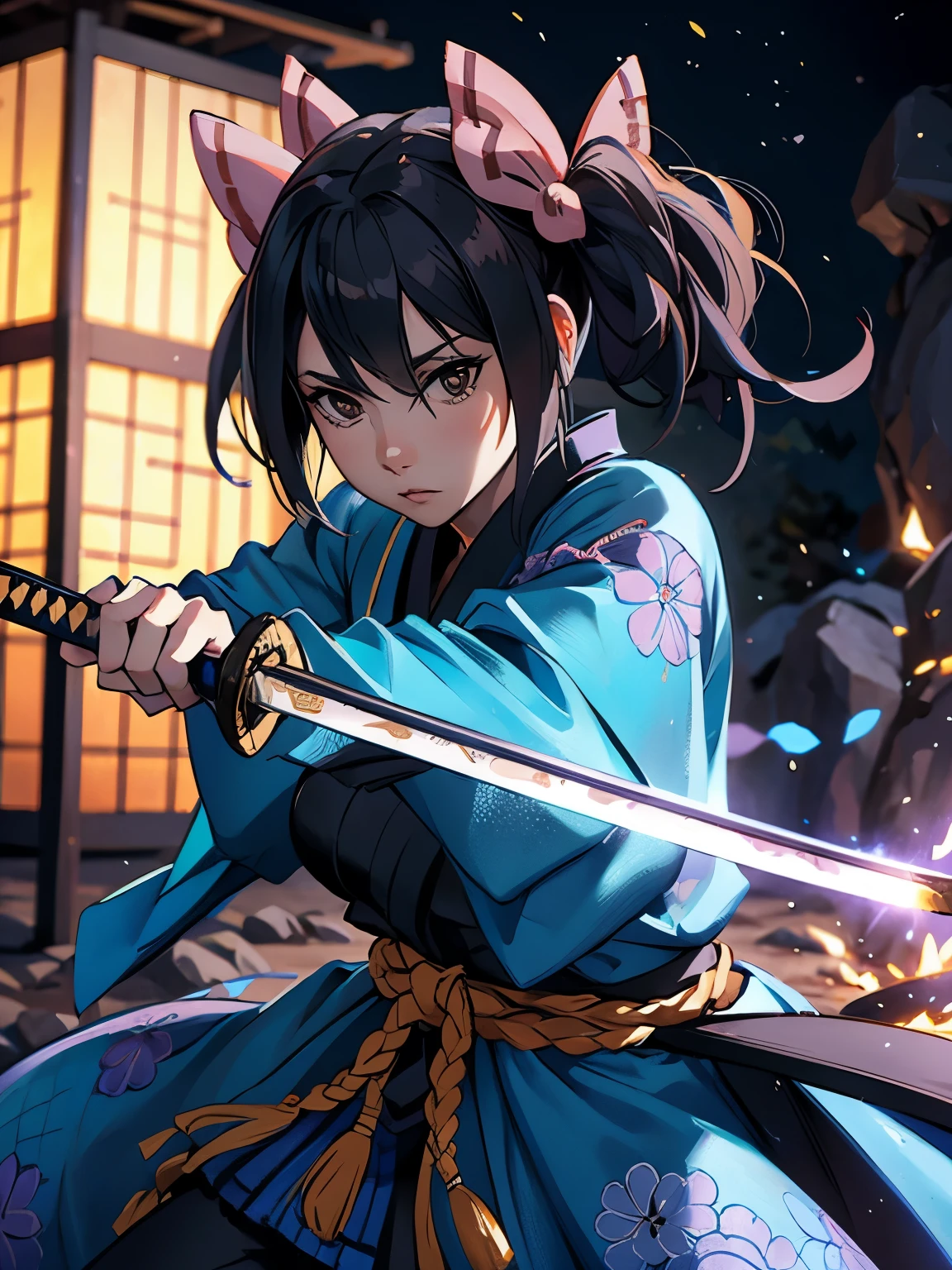 ((masterpiece)),  (high quality), 1woman, a drawing of a woman in a revealing kimono outfit holding a sword, she has long black hair, she is holding a katana sword, female samurai, inspired by Tōshūsai Sharaku, katana zero video game character, inspired by Nishikawa Sukenobu, inspired by Maki Haku, fox nobushi holding a naginata, black - haired mage