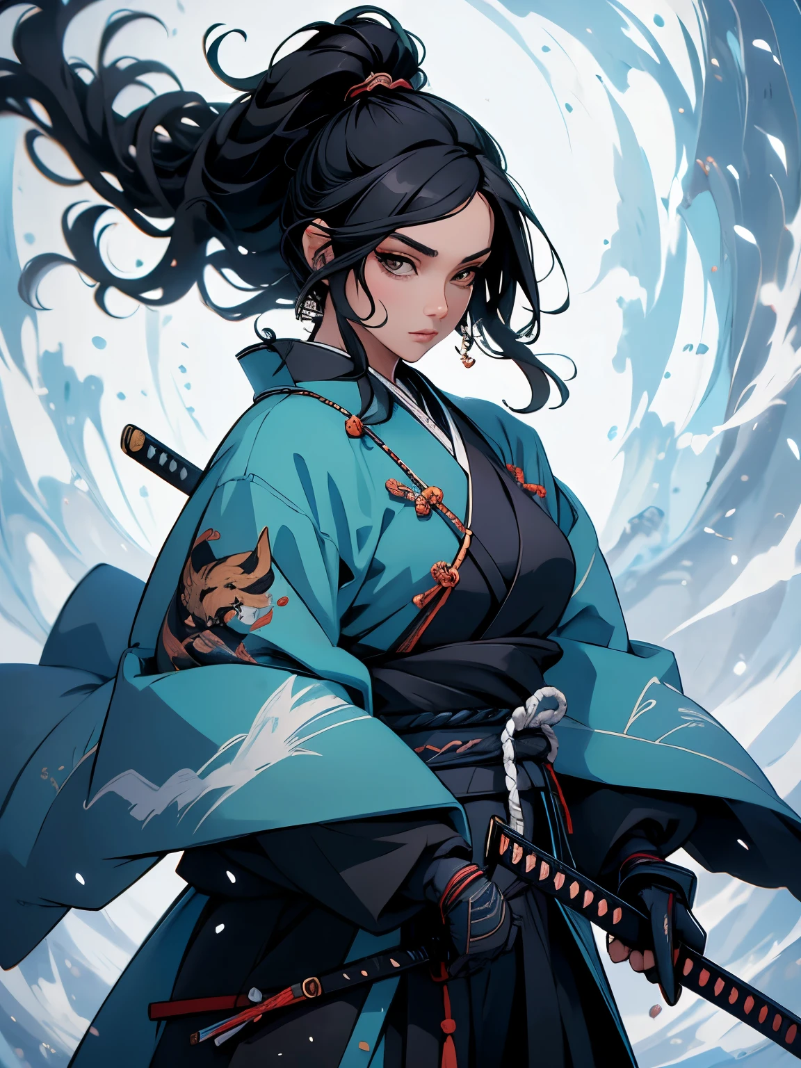 ((chef-d&#39;œuvre)),  (haute qualité), 1femme, un dessin d&#39;une femme dans une tenue de kimono révélatrice tenant une épée, elle a de longs cheveux noirs, elle tient une épée katana, samouraï femelle, inspiré de Tōshūsai Sharaku, personnage de jeu vidéo Katana Zero, inspiré de Nishikawa Sukenobu, inspiré du Maki Haku, renard nobushi tenant un naginata, mage aux cheveux noirs