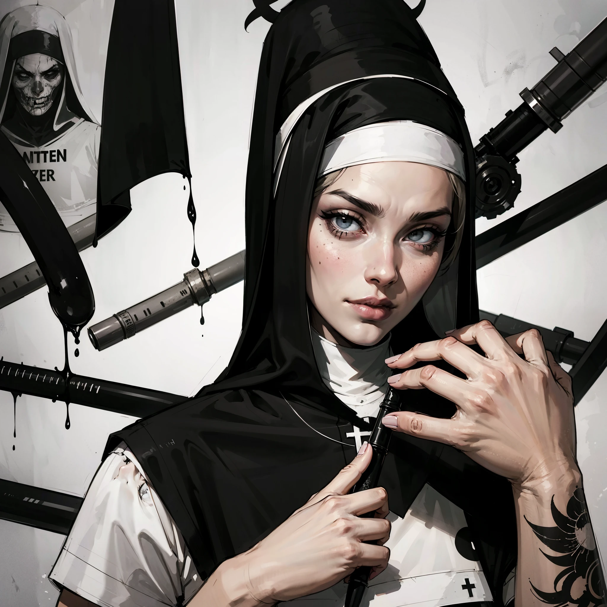 a drawing of a nun with a finger on her lips, shawn coss, ink artwork, black and white illustration, mark riddick, by João Artur da Silva, kaethe butcher, by Adam Szentpétery, by Santiago Martínez Delgado, by Adam Marczyński, pen and ink work. sharp focus, an evil nun